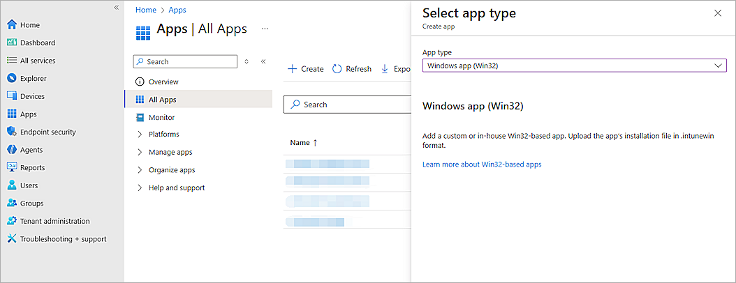 Screenshot of the Select App Type page